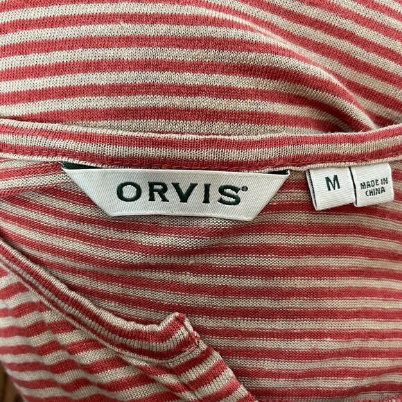 Orvis M Red Striped 100% Linen T-shirt Jersey Knit Split Neck Short Sleeves - Picture 7 of 10